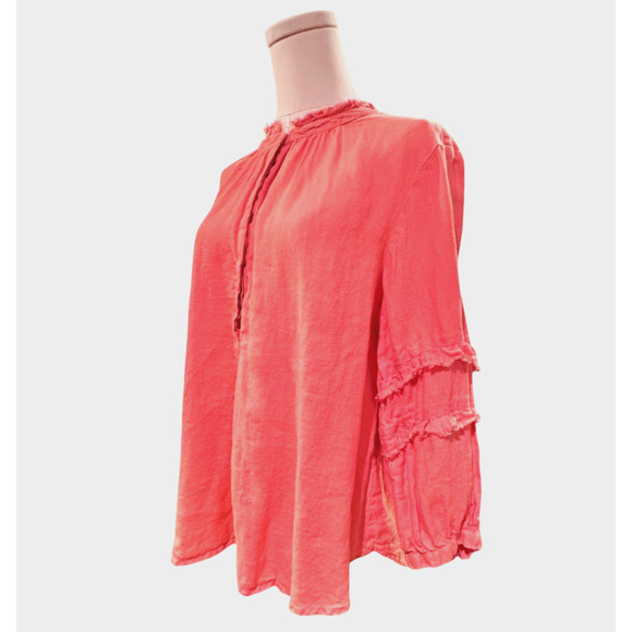 Ivy Jane Coral Orange Linen Boho Shirt Raw Edge Collar Long Sleeve Medium - Picture 3 of 11